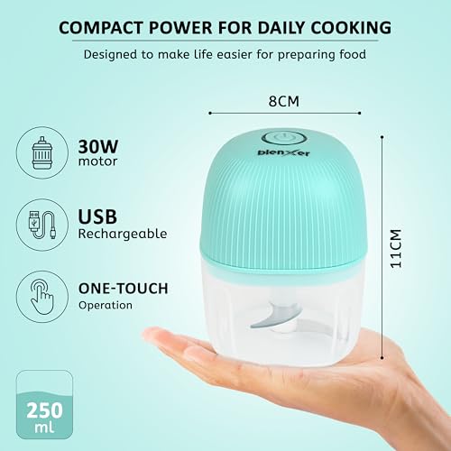Blenxer Mini Electric Chopper for Kitchen – USB Rechargeable Electric Food Chopper for Garlic, Onion & Vegetables | 250ml Small Food Processor with 3 Stainless Steel Blades (30W) - Image 4