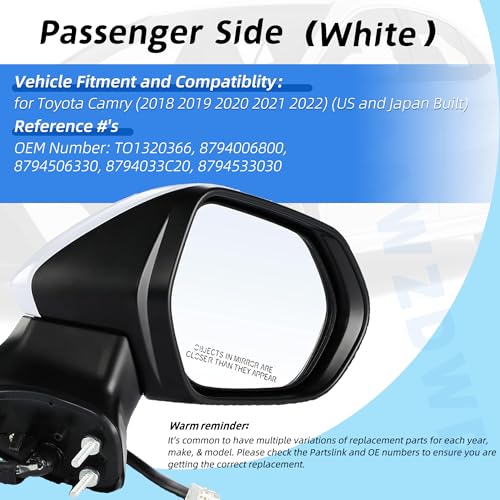 AAAWZDWD Passenger Side Mirror Replacement For Toyota Camry (2018 2019 2020 2021 2022) - Non-Heated Manual Folding without turn signals without Blind White Right Side Mirror Replacement - 8794006800(3Pins) - Image 2