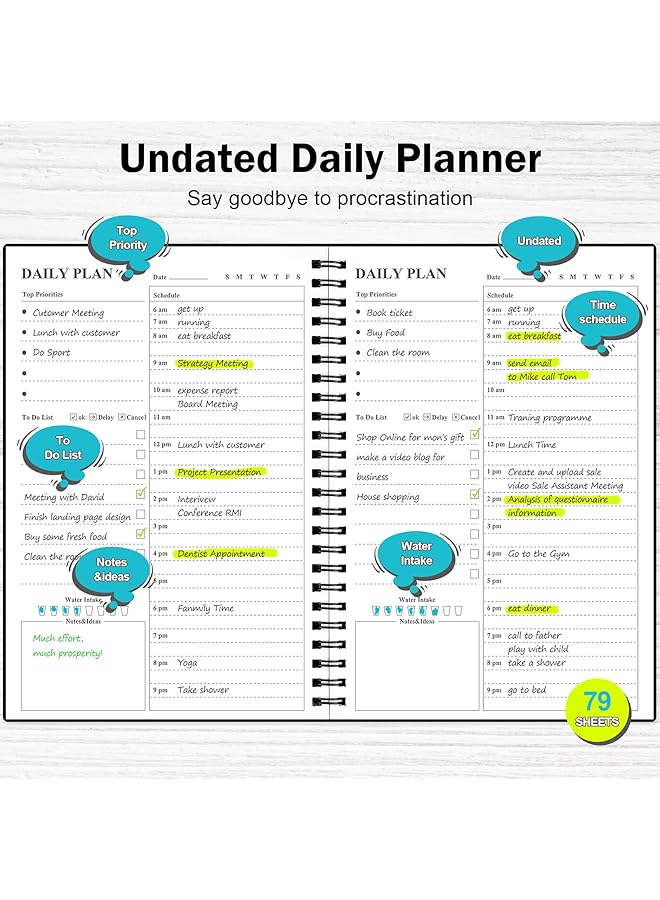 erorex Daily Planner Undated To Do List Notebook Hourly Schedules Spiral Appointment Planner For Men And Women Pvc Hardcover Elastic Closure Inner Pocket 8.3 X 5.8 Black  - Image 2