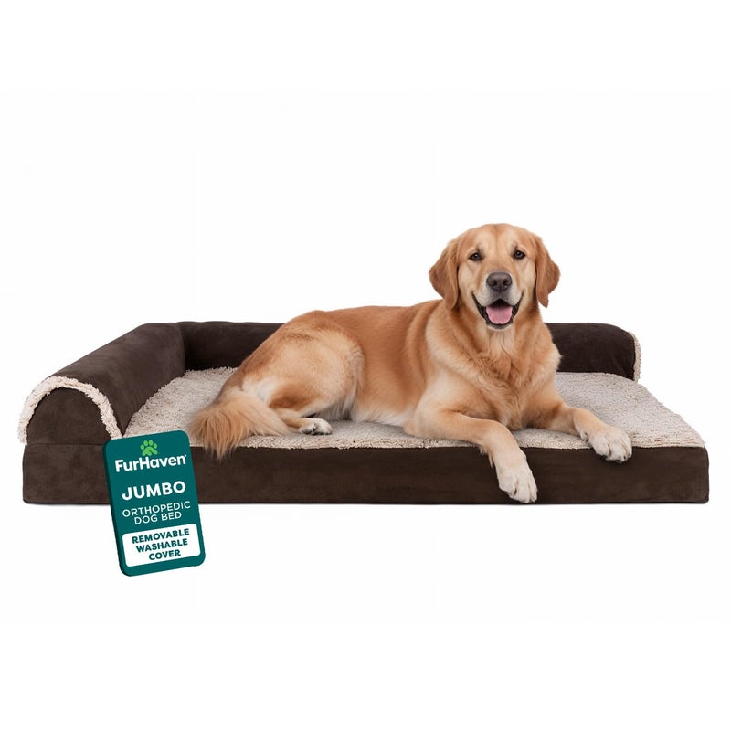 FurHaven Orthopedic Dog Bed for Large Dogs LShaped Chaise Mattress with Orthopedic Egg Crate with a Solid Orthopedic Foam Base for Joint Support Washable Cover Jumbo XL Faux Fur Suede Espresso - Image 2