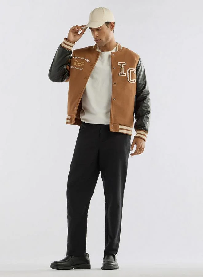 Splash FAV Slogan Detail Button Through Bomber Jacket with Pockets and Long Sleeves