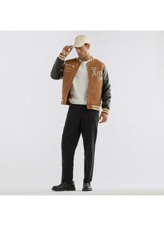 Slogan Detail Button Through Bomber Jacket with Pockets and Long Sleeves