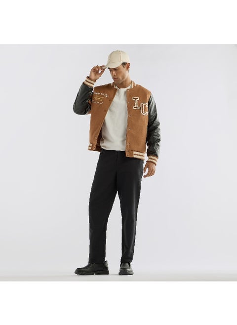 Slogan Detail Button Through Bomber Jacket with Pockets and Long Sleeves