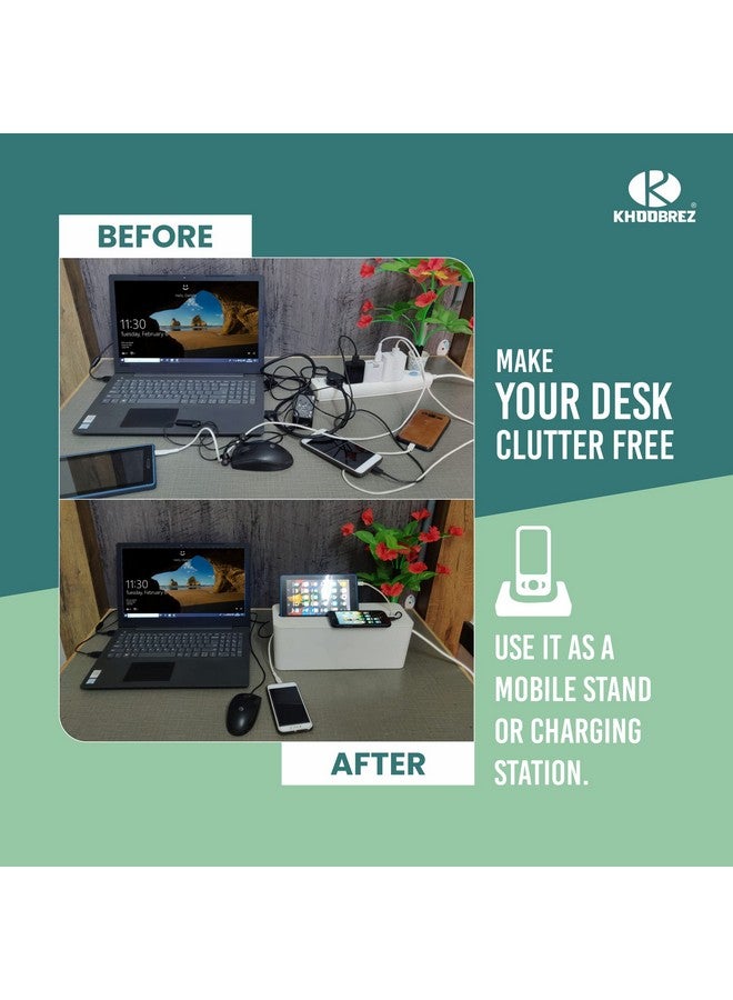 KHOOBREZ Cable Management Box | Mobile, Tablet & Charging Stand | Wire Organizer Box | Desk Organizer Wire Bin (White) - Image 5