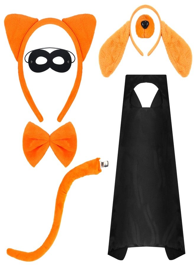 Yearntown 7 Pcs Orange Cat and Dog Costume Set for Kids Including Dog Ears Headbands and Noses Cat Ears Headband Tail Bowtie Black Eye Mask Cape for Halloween Party Cosplay World Book Day - Image 1