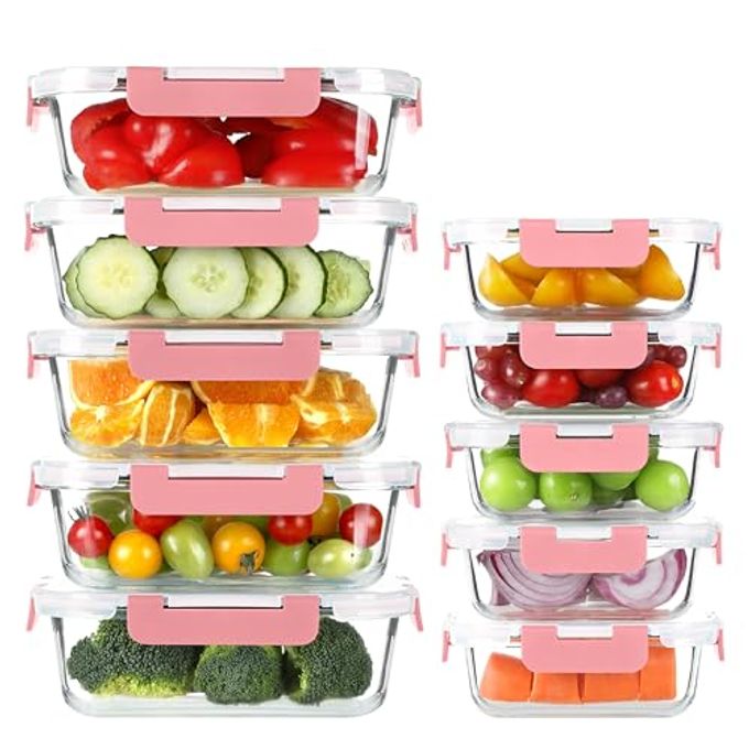 BAYZZ 10 Pack Glass Meal Prep Containers, Glass Food Storage Containers with Lids, Airtight Lunch Box, Freezer,Oven,Microwave and Dishwasher Safe,Pink