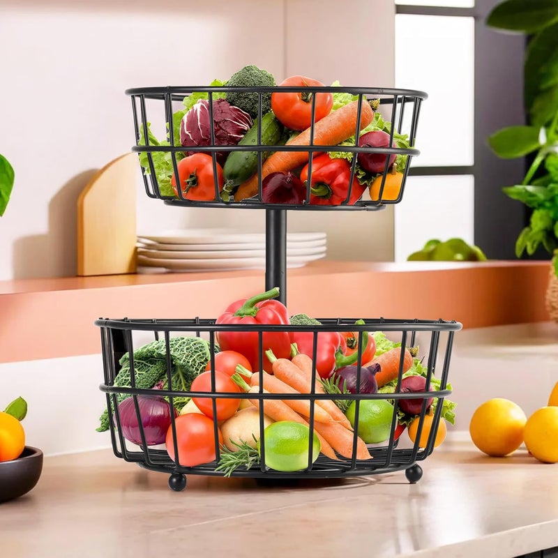 Kuber Industries Kuber Industries Metal 2Layer Basket Organizer for Kitchen PyajOnion Storage Basket Circular Countertop Side Stand Black  - Image 1
