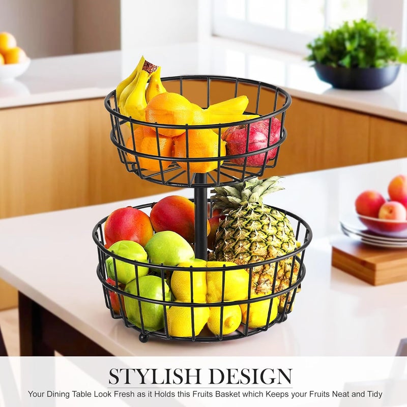 Kuber Industries Kuber Industries Metal 2Layer Basket Organizer for Kitchen PyajOnion Storage Basket Circular Countertop Side Stand Black  - Image 2