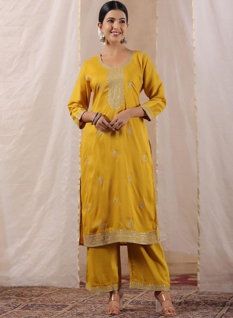 ISHIN Mustard Kurta Straight Fit Three-Fourth Sleeve Made From Poly Silk Featuring Self Design And Round Neck - Image 1