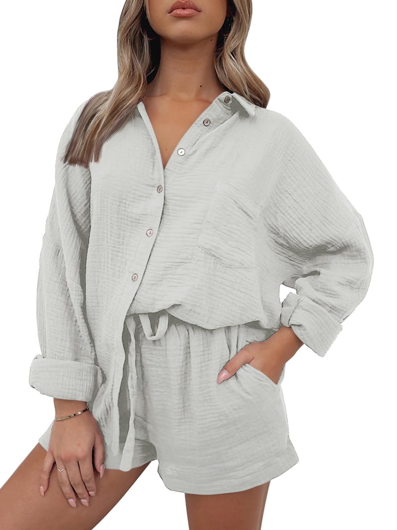 AUTOMET 2 Piece Sets For Women Lounge Wear Matching Two Piece Pajama Fashion Oversized Shirts And Shorts Spring Outfit 2026 01Grey M - Image 1