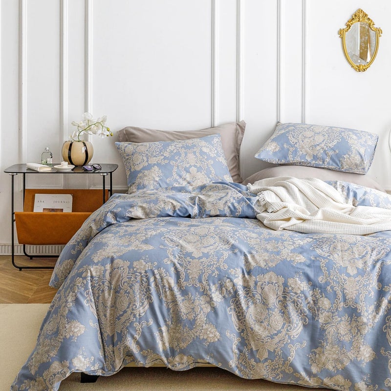 SUSYBAO Damask Floral Duvet Cover Queen 100 Cotton 3 Pcs Set 1 Vintage Beige Flower Duvet Cover with Zipper Ties 2 Pillowcases Farmhouse Grayish Blue Boho Paisley Bedding Set Soft - Image 2