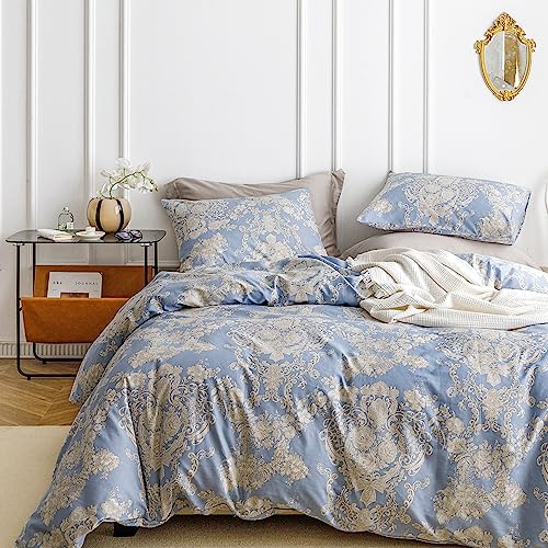 SUSYBAO Damask Floral Duvet Cover Queen 100 Cotton 3 Pcs Set 1 Vintage Beige Flower Duvet Cover with Zipper Ties 2 Pillowcases Farmhouse Grayish Blue Boho Paisley Bedding Set Soft - Image 1