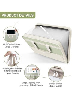 erorex 13 Pocket File Folder Organizer Portable Document Organizer With Handle Zippered Expanding Folders Labels For A4 Letter Size School And Office Use Green  - Image 3