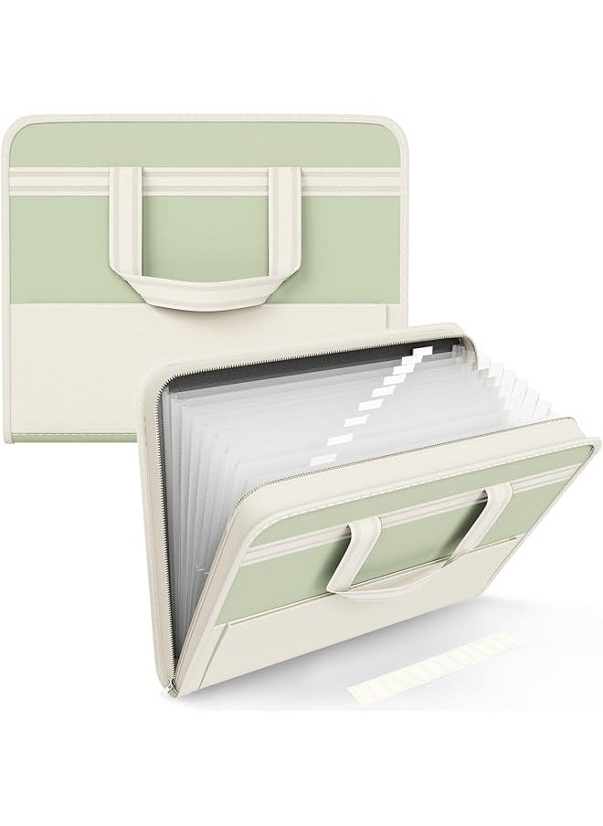 erorex - 13 Pocket File Folder Organizer Portable Document Organizer With Handle Zippered Expanding Folders Labels For A4 Letter Size School And Office Use Green - Image 1