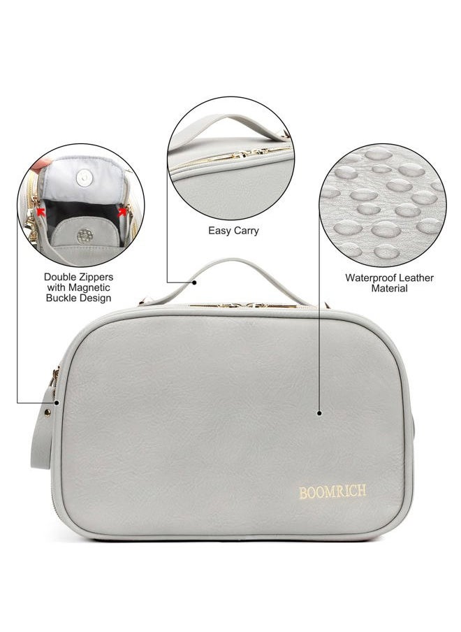 BOOMRICH - Large Travel Makeup Bag, Cosmetic Bag, Toiletry Bag for Women, Water-Resistant Leather Toiletry Organizer, Dopp Kit for Toiletries Accessories, Blue Grey - Image 1