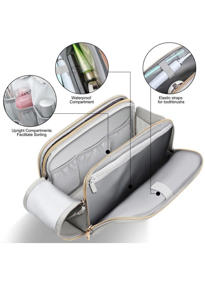 BOOMRICH - Large Travel Makeup Bag, Cosmetic Bag, Toiletry Bag for Women, Water-Resistant Leather Toiletry Organizer, Dopp Kit for Toiletries Accessories, Blue Grey - Image 1