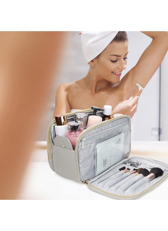 BOOMRICH - Large Travel Makeup Bag, Cosmetic Bag, Toiletry Bag for Women, Water-Resistant Leather Toiletry Organizer, Dopp Kit for Toiletries Accessories, Blue Grey - Image 1