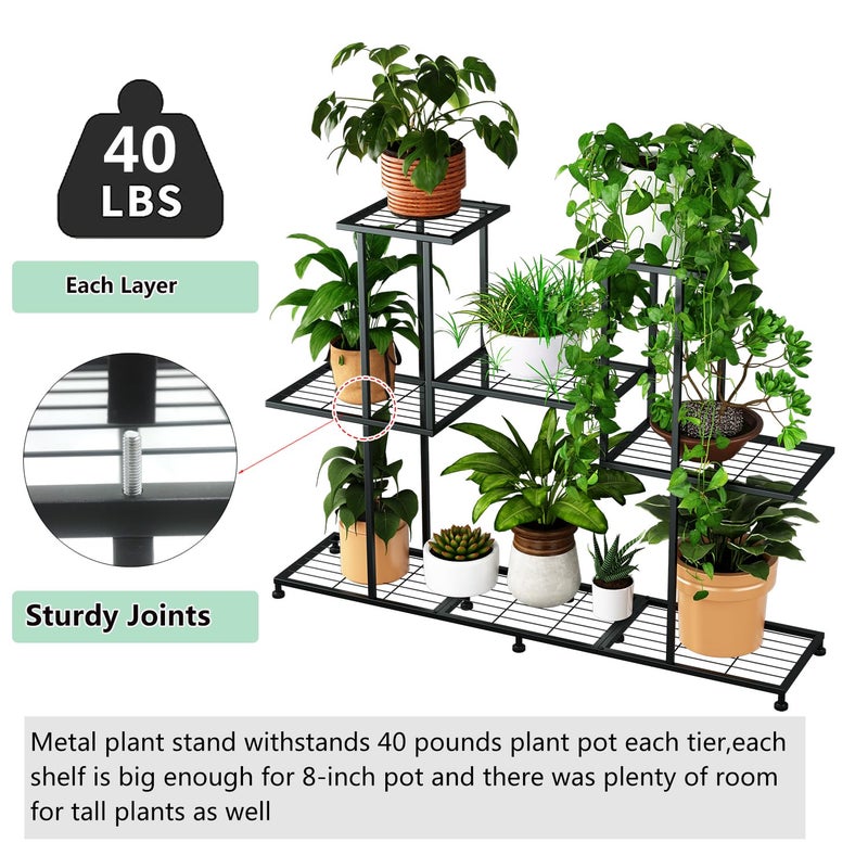 Twhep Metal Plant Stand, 5 Tiers Multifunctional Plant Stands for Indoor Plants, Decorative Black Steel Plant Shelf for Indoor Patio Garden Balcony and Yard (4 tiers 12 pots) - Image 3