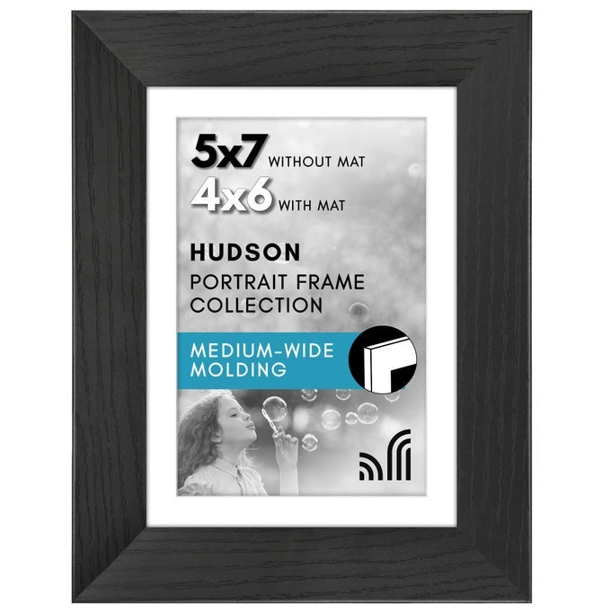 5X7 PICTURE FRAME WITH SHATTERRESISTANT GLASS USE AS 4X6 FRAME WITH MAT OR DISPLAY 5X7 PHOTO WITHOUT MAT HUDSON COLLECTION WIDE PICTURE FRAMES FOR TABLETOP AND WALL BLACK