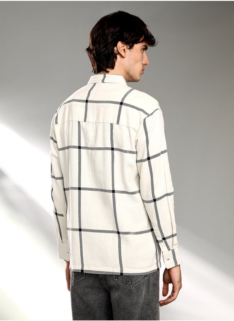 Men's Cream White Graph Check Shacket