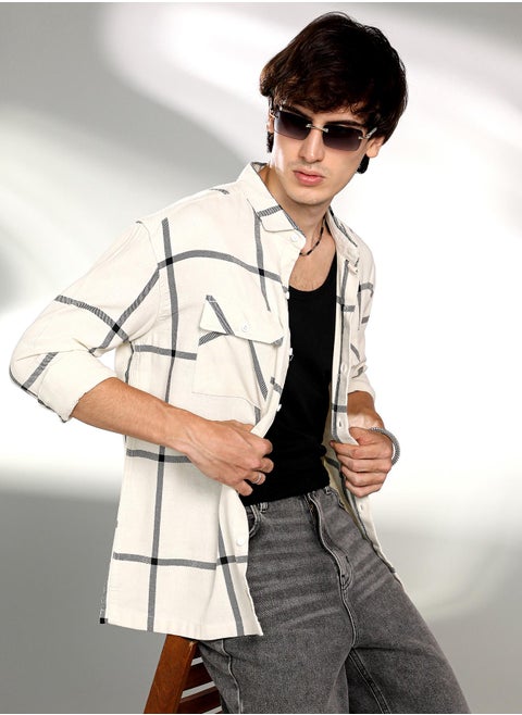Men's Cream White Graph Check Shacket