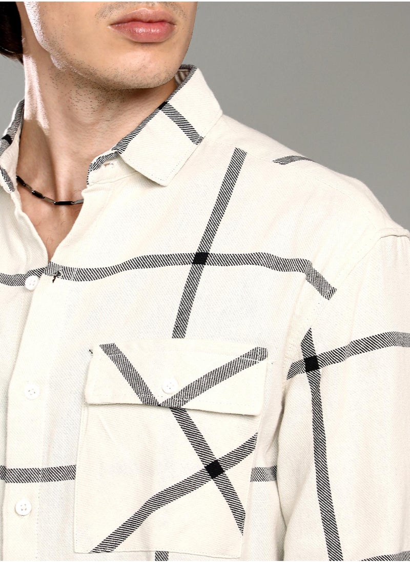 Men's Cream White Graph Check Shacket