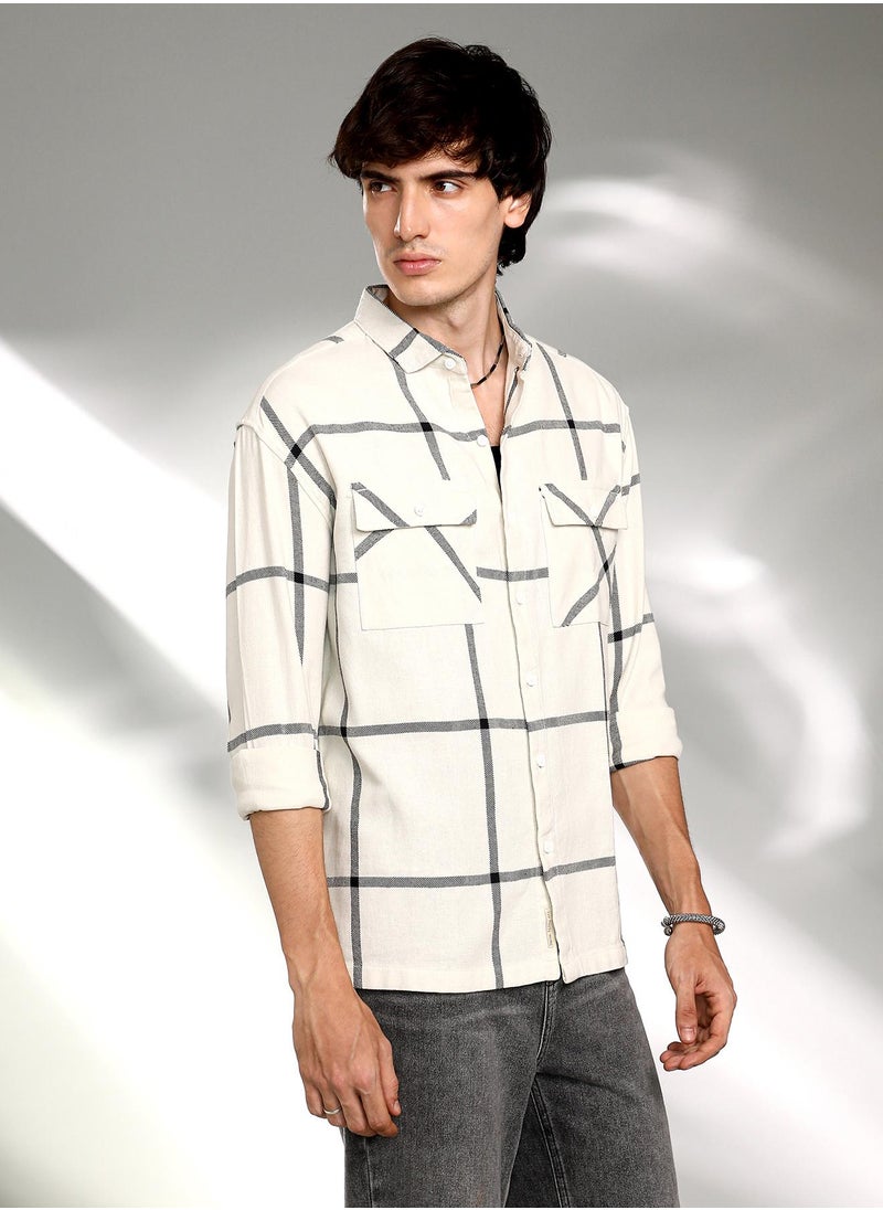 Men's Cream White Graph Check Shacket