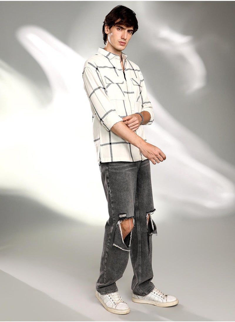 Men's Cream White Graph Check Shacket