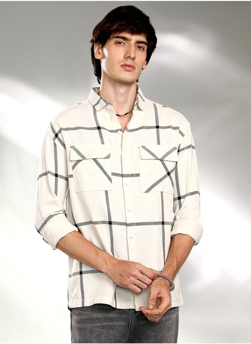 Men's Cream White Graph Check Shacket