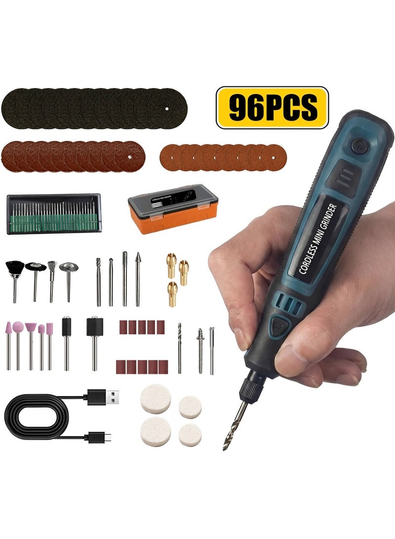 96 قطعة طقم أداة دوارة صغيرة لاسلكية، قلم جلخ كهربائي قابل لإعادة الشحن عبر USB للنقش والتلميع والطحن والصنفرة والحفر، مجموعة أدوات كهربائية يدوية للأعمال اليدوية DIY - Image 1