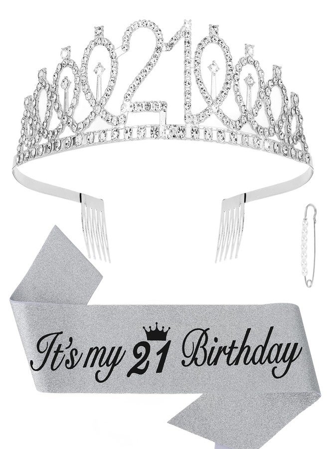 CAVETEE Silver 21st Birthday Crown and Sash for Women 21 Birthday Sash and Tiara Set for Women 21st Birthday Decorations Silver Birthday Queen Crowns Tiaras for Women - Image 1