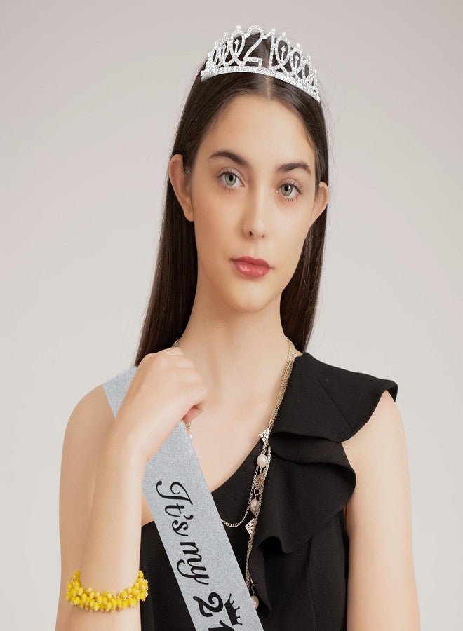 CAVETEE Silver 21st Birthday Crown and Sash for Women 21 Birthday Sash and Tiara Set for Women 21st Birthday Decorations Silver Birthday Queen Crowns Tiaras for Women - Image 3
