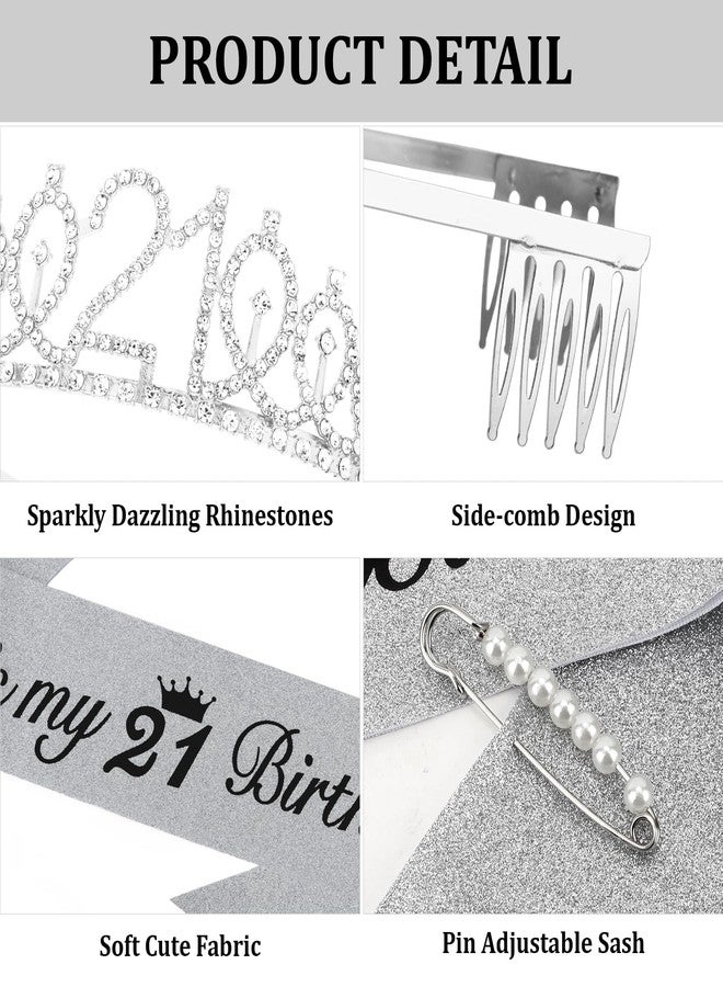 CAVETEE Silver 21st Birthday Crown and Sash for Women 21 Birthday Sash and Tiara Set for Women 21st Birthday Decorations Silver Birthday Queen Crowns Tiaras for Women - Image 2