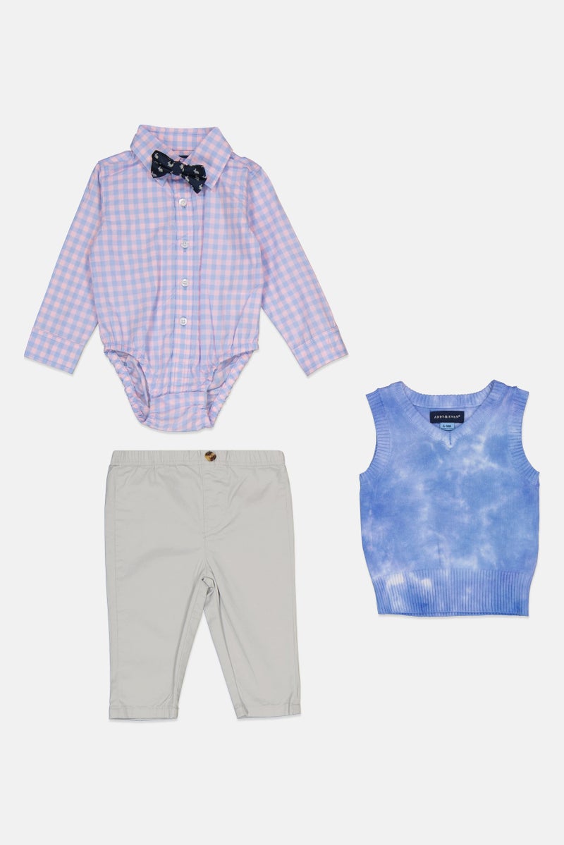 Andy & Evan Toddlers Boy 3 Piece Checkered Bodysuit And Pant With Sweater Vest Set, Blue  - Image 1