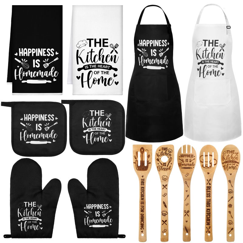Bencailor 13 Pcs Farmhouse Kitchen Set Kitchen Dish Towels Kitchen Apron Oven Mitts and Pot Holders Sets Rustic Pattern Cute Wooden Spoons Black White Hand Dishcloths for Home Decorations Gifts