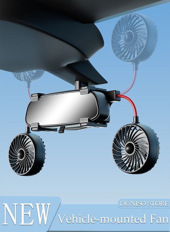 DUNISO USB Car Fan 12V for Car Interior Rear View Mirror, 360 Degree Adjustable 5 Inches Dual Head Car Clip Fan, Car Essentials Car Cooler Fan with Stepless Speed Regulation for Car/Vehicle SUV, RV - Image 1