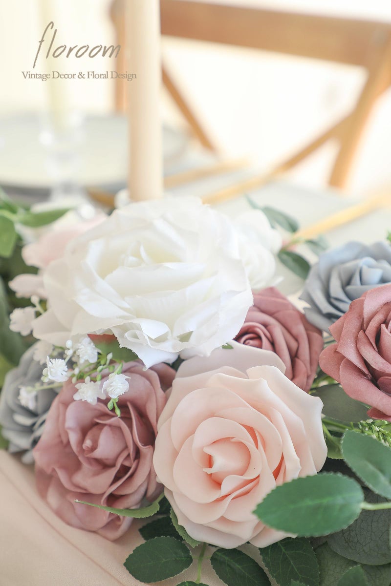 Floroom 6ft Artificial Eucalyptus Garland with Flowers Fake Greenery Faux Floral Vine Garland for Table Decor Wedding Centerpieces Bridal Shower Party Decorations, Blush Powder Blue - Image 5
