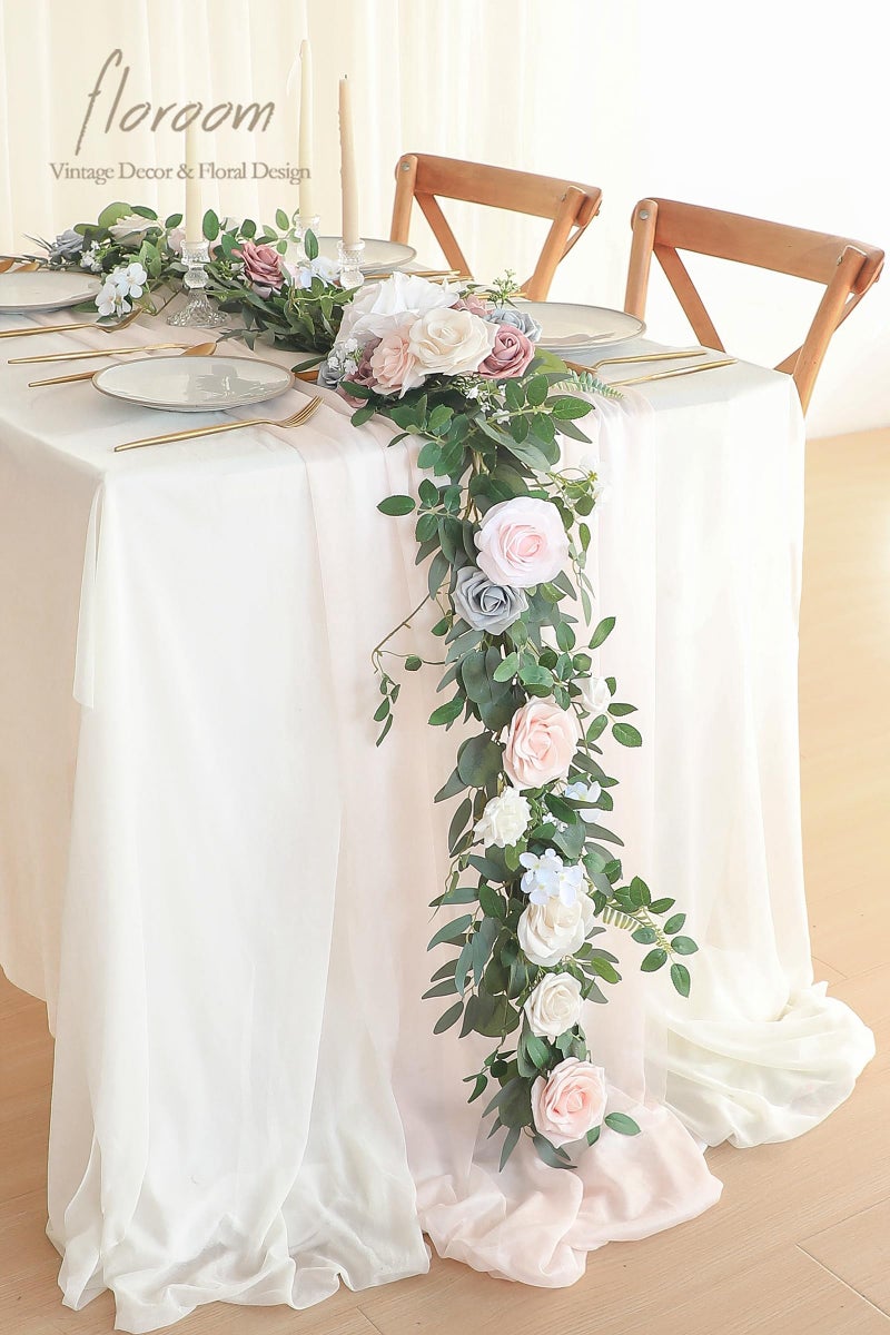 Floroom 6ft Artificial Eucalyptus Garland with Flowers Fake Greenery Faux Floral Vine Garland for Table Decor Wedding Centerpieces Bridal Shower Party Decorations, Blush Powder Blue - Image 2