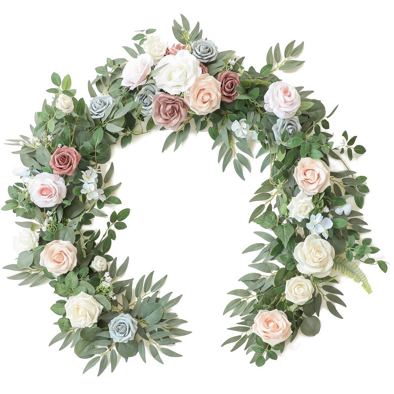 Floroom 6ft Artificial Eucalyptus Garland with Flowers Fake Greenery Faux Floral Vine Garland for Table Decor Wedding Centerpieces Bridal Shower Party Decorations, Blush Powder Blue - Image 1
