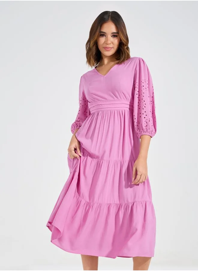 Styli Schiffli Detail Tiered Midi Dress with 3/4 Sleeves