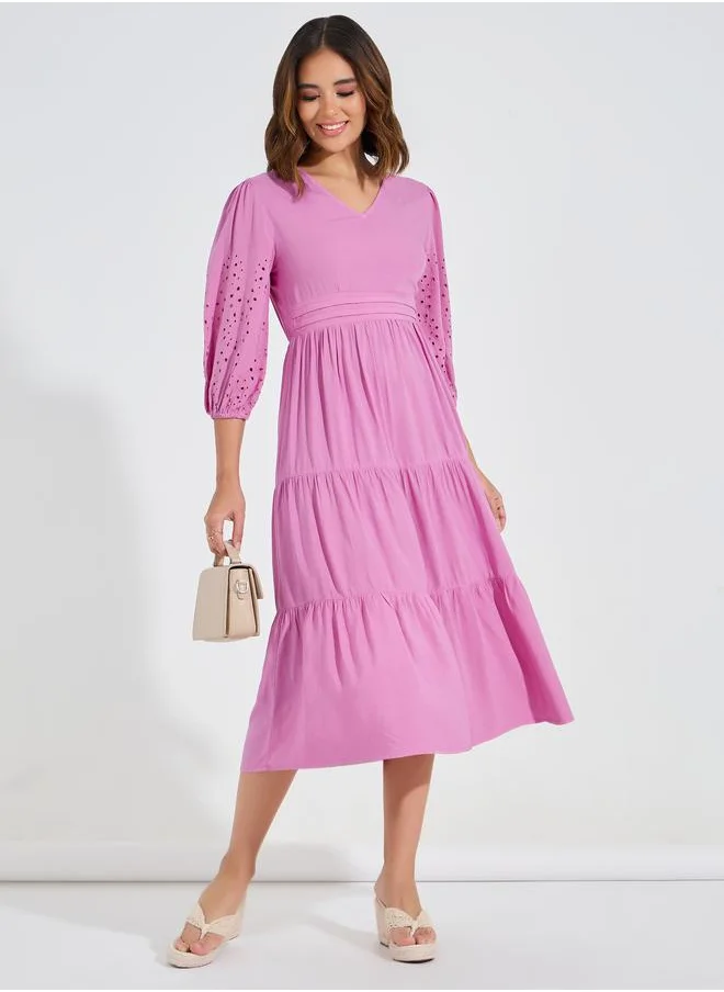Styli Schiffli Detail Tiered Midi Dress with 3/4 Sleeves