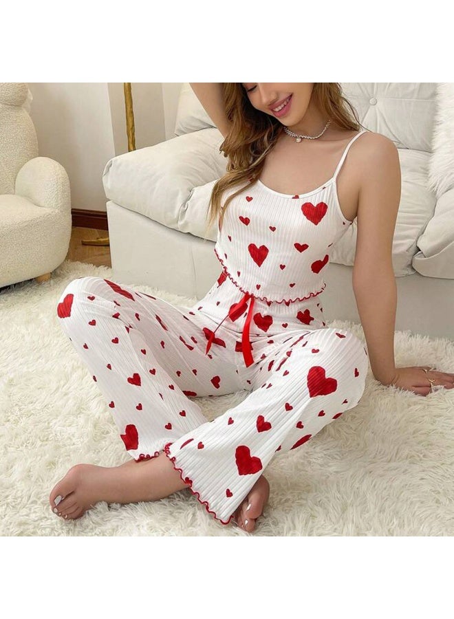 بينكساما المرأة بيجاما مجموعات الملابس الداخلية الناعمة ملابس النوم 2 قطعة طويلة بنطلون مجموعة، القلب طباعة بيجاما مجموعة بيجاما فضفاضة مريحة. - Image 3