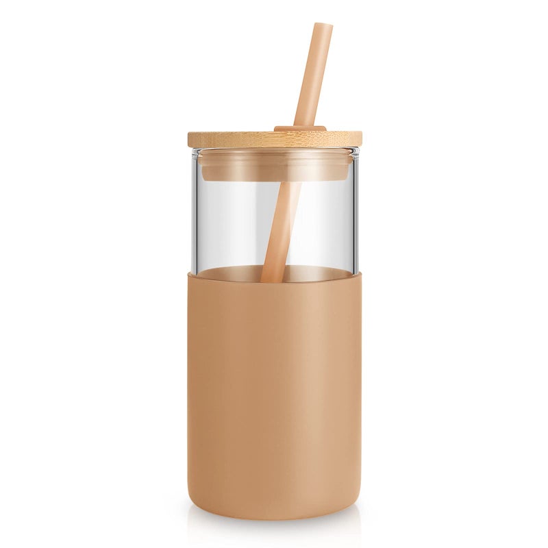 Tronco 16 oz Glass Tumbler with Straw and Bamboo Lid, Iced Coffee Cup Reusable, Smoothie Cups, Tumbler with Silicone Protective Sleeve - BPA Free - Image 2
