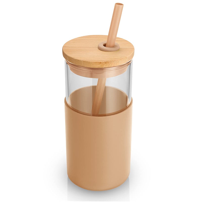 Tronco 16 oz Glass Tumbler with Straw and Bamboo Lid, Iced Coffee Cup Reusable, Smoothie Cups, Tumbler with Silicone Protective Sleeve - BPA Free - Image 1