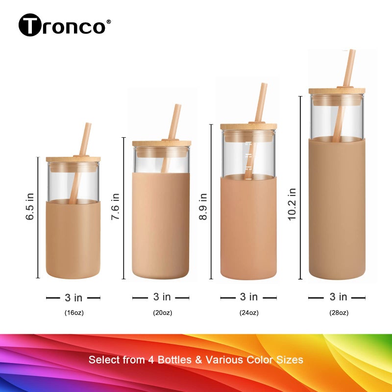 Tronco 16 oz Glass Tumbler with Straw and Bamboo Lid, Iced Coffee Cup Reusable, Smoothie Cups, Tumbler with Silicone Protective Sleeve - BPA Free - Image 4