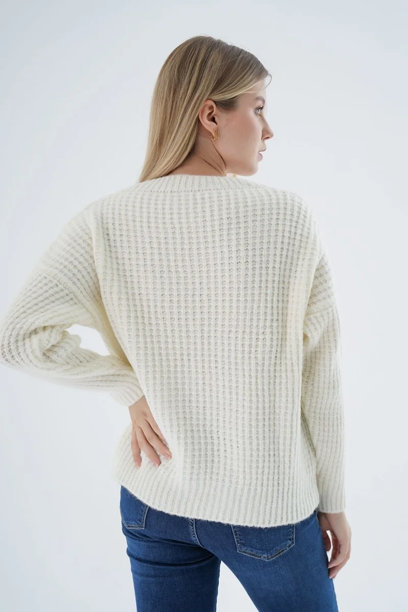 Trist Star Women's Bone Oversize V Neck Nopen Selanik Knitting Wool Special Yarn Knitwear Knitted Sweater TRIST-6160