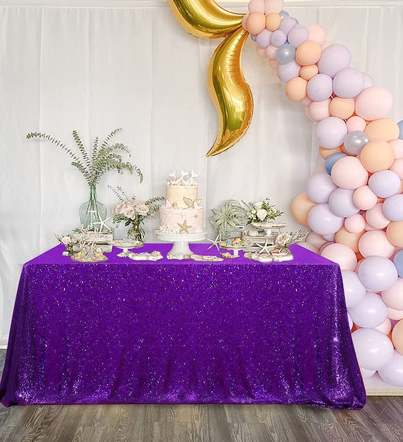 QueenDream Sequin Tablecloth 90x132 Purple Party Tablecloth Rectangular Seamless Sequin Table Cloth Overlay Glitter Wedding Birthday Bridal Shower Decorations
