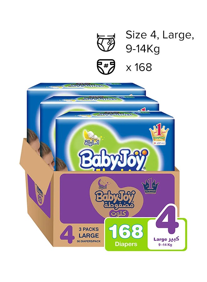 BabyJoy Compressed Culotte Pants Diaper, Size 4, Large, 9-14 Kg, Mega Box, 168 Diapers - Image 1