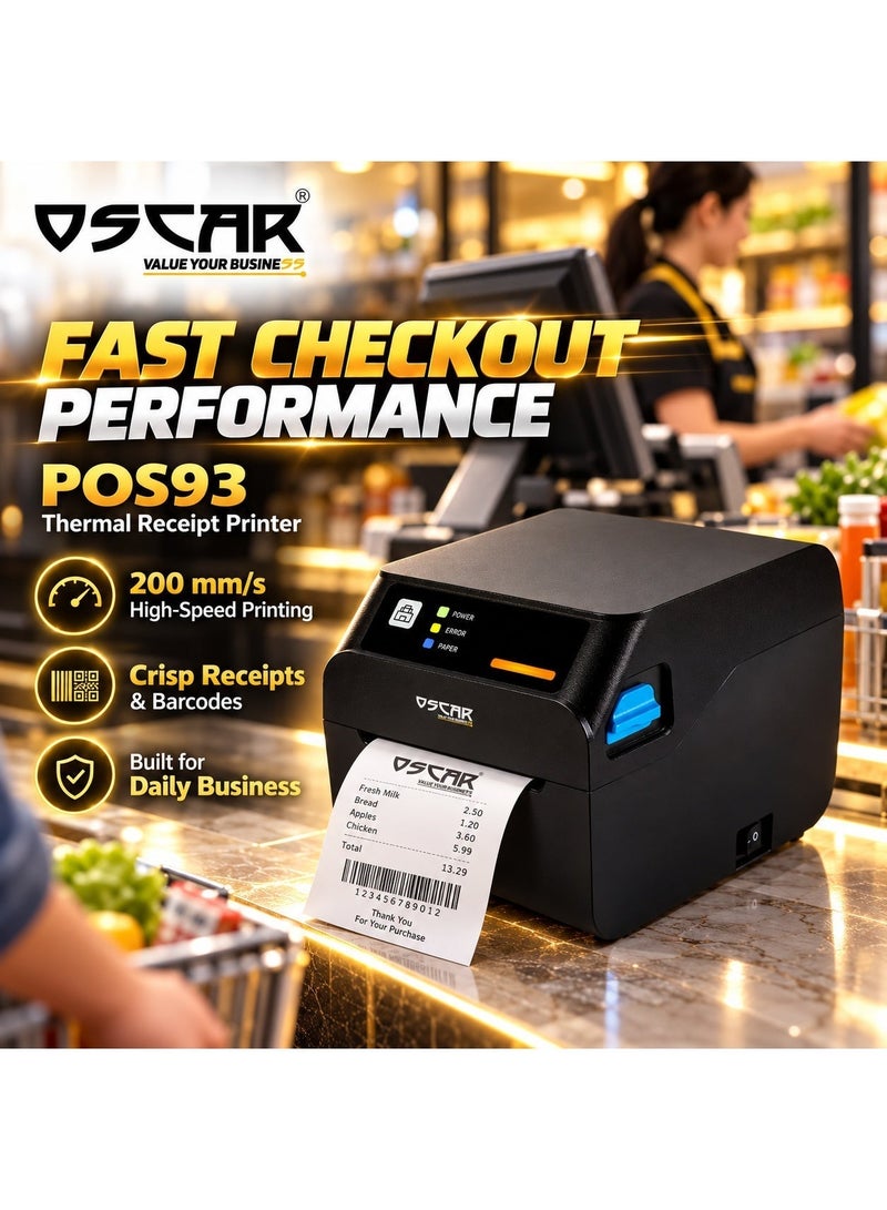 OSCAR Value Your Business OSCAR POS93 80mm Thermal Receipt Printer, 200mm/s High Speed POS Printer, USB, Serial & Ethernet LAN, 203 DPI, Barcode & QR Code Printing, Black - Image 2