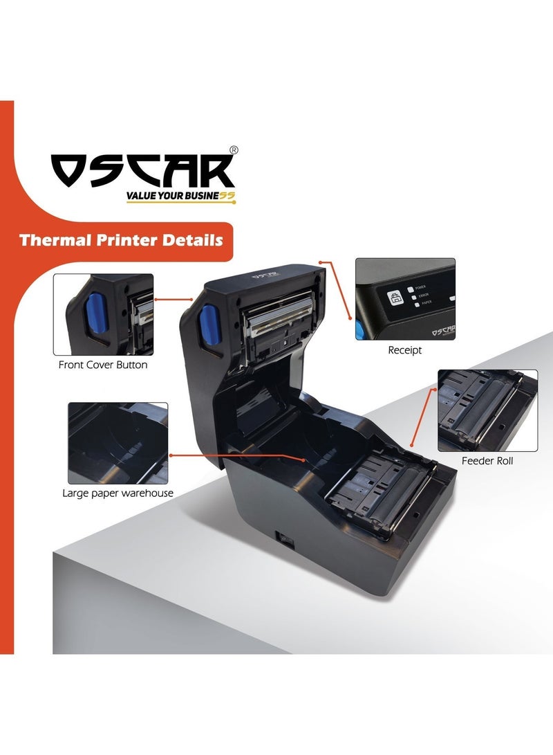 OSCAR Value Your Business OSCAR POS93 80mm Thermal Receipt Printer, 200mm/s High Speed POS Printer, USB, Serial & Ethernet LAN, 203 DPI, Barcode & QR Code Printing, Black - Image 3